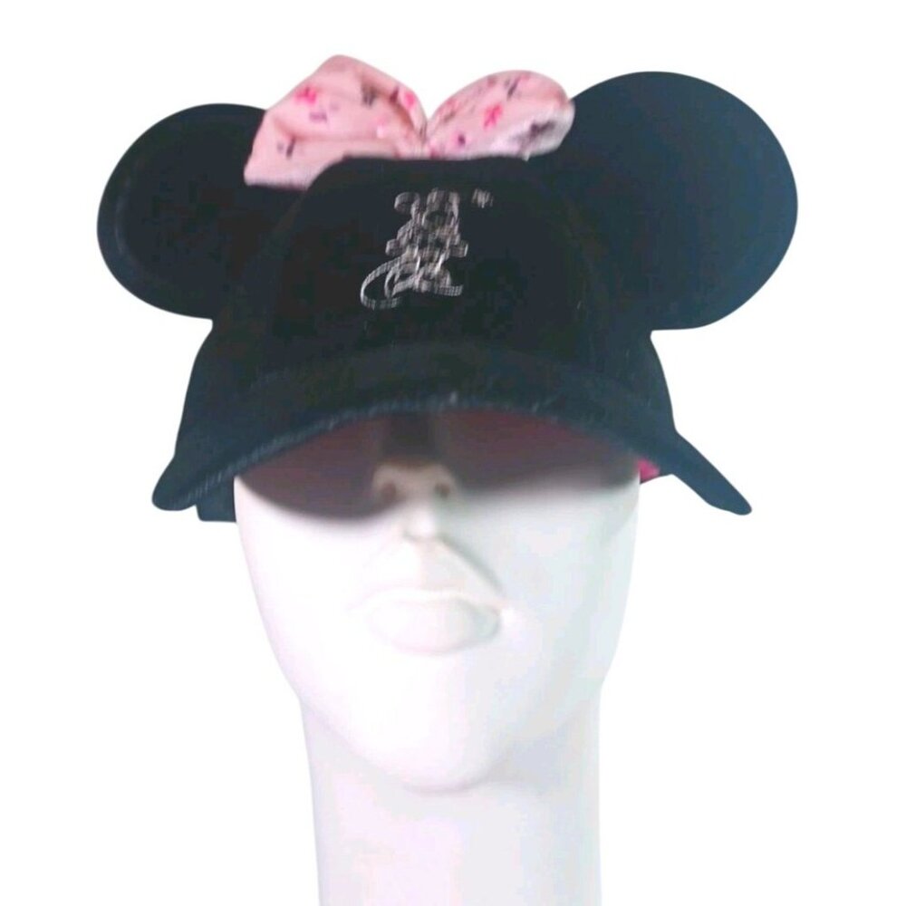 New Minnie Mouse Ears  Adult Velvet Adjustable Hat Cap With Pink Floral Bow - Picture 9 of 10